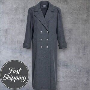 WMNS Vintage Wool Double Breasted Overcoat L Gray Padded Shoulders Oversized 80s